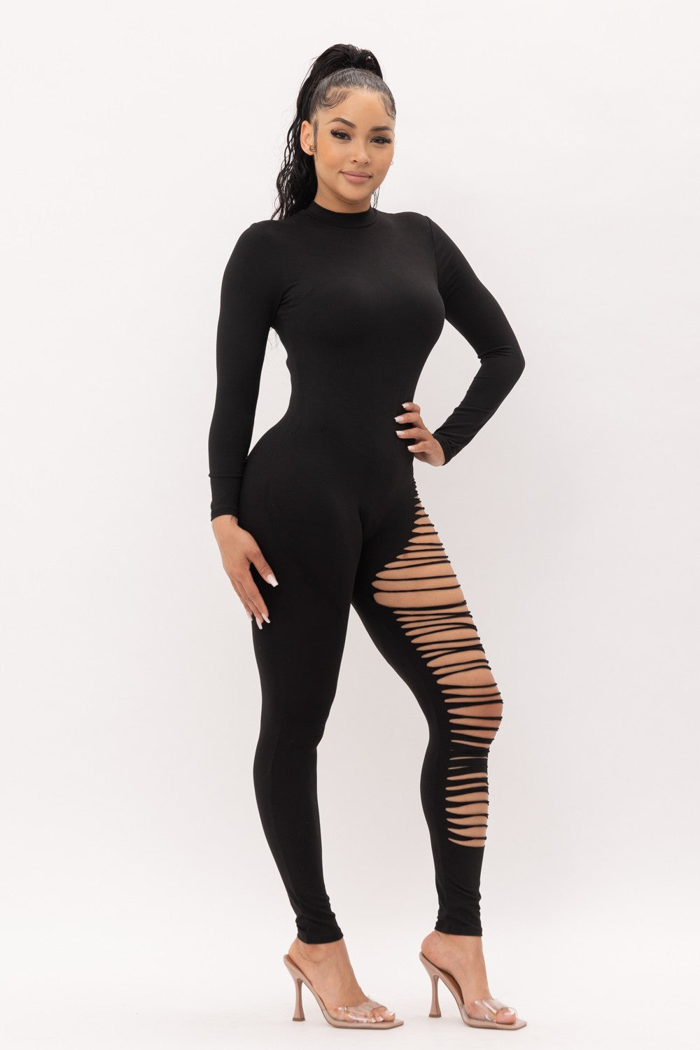 Black Mock Neck One Leg Laser Cut Long Sleeve Jumpsuit