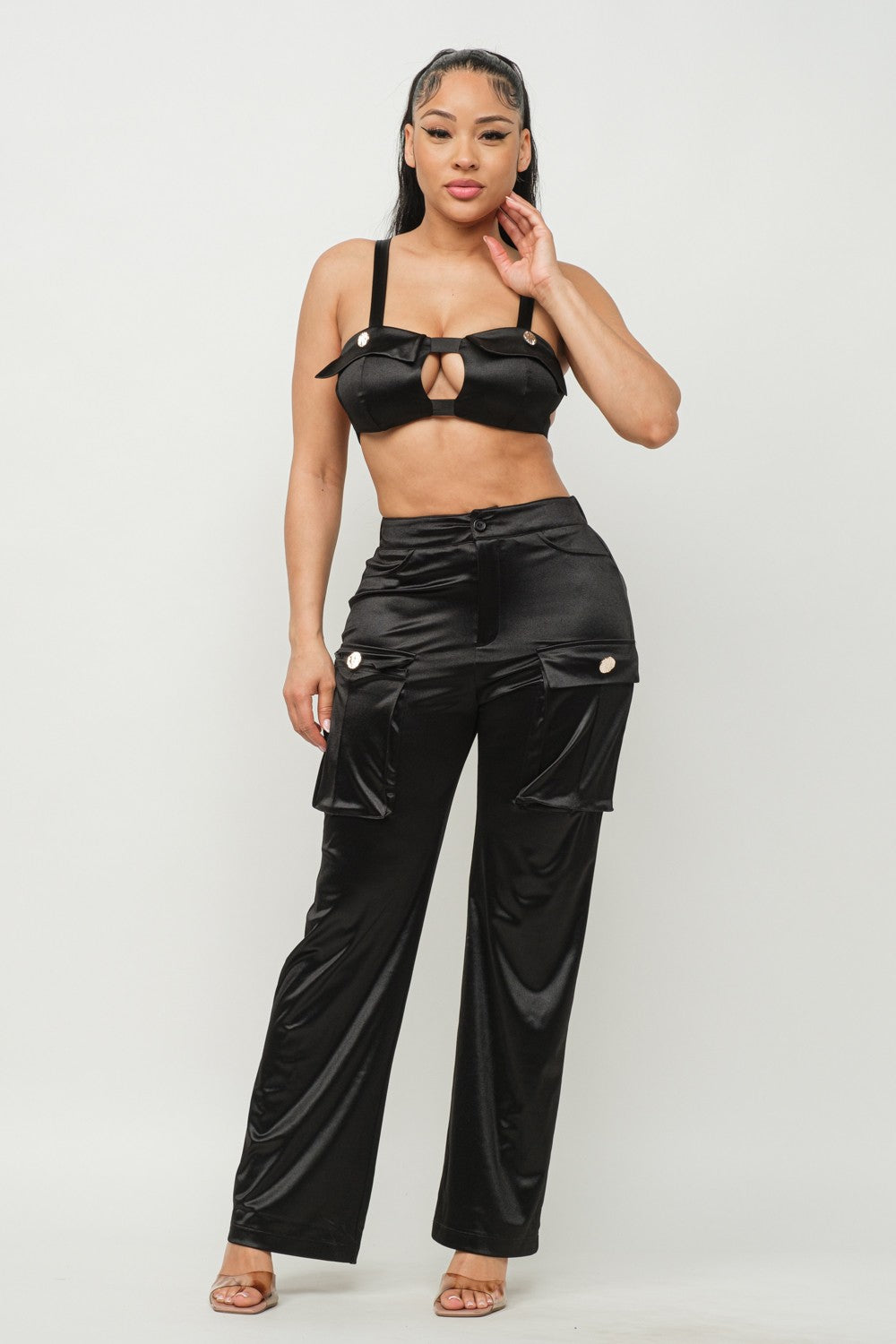 Black Front Fake Pockets Button Top And Pants Set