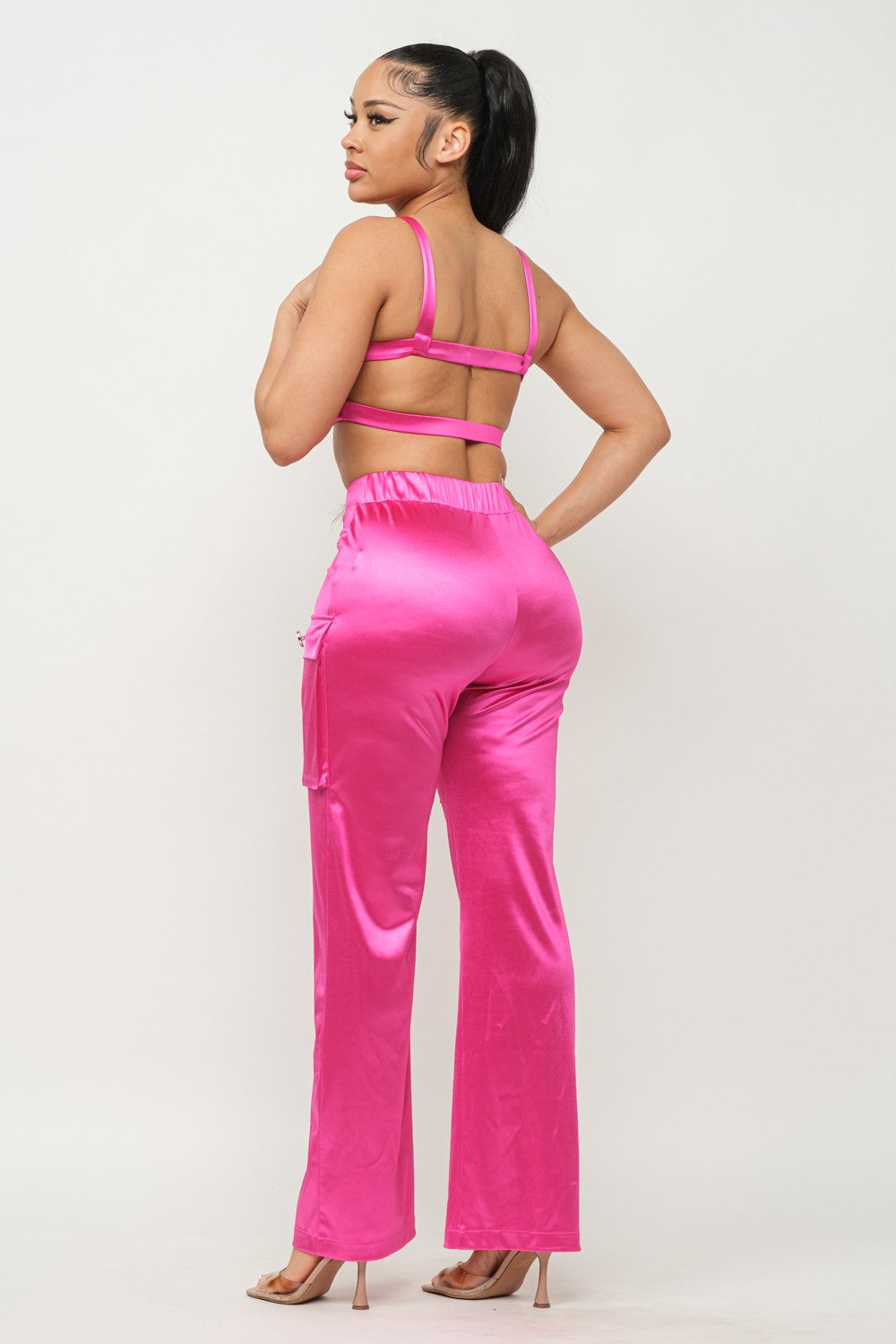 Pink Front Fake Pockets Button Top And Pants Set