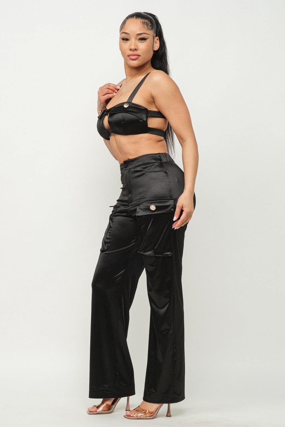 Black Front Fake Pockets Button Top And Pants Set