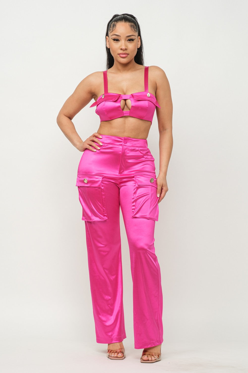 Pink Front Fake Pockets Button Top And Pants Set