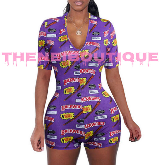 Purple Backwoods pajama romper