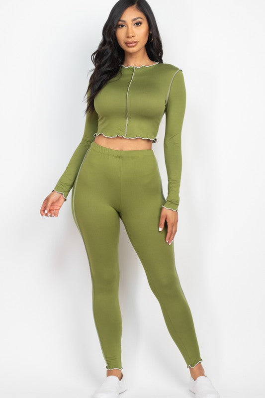 Olive Green lettuce edge croptop Legging set